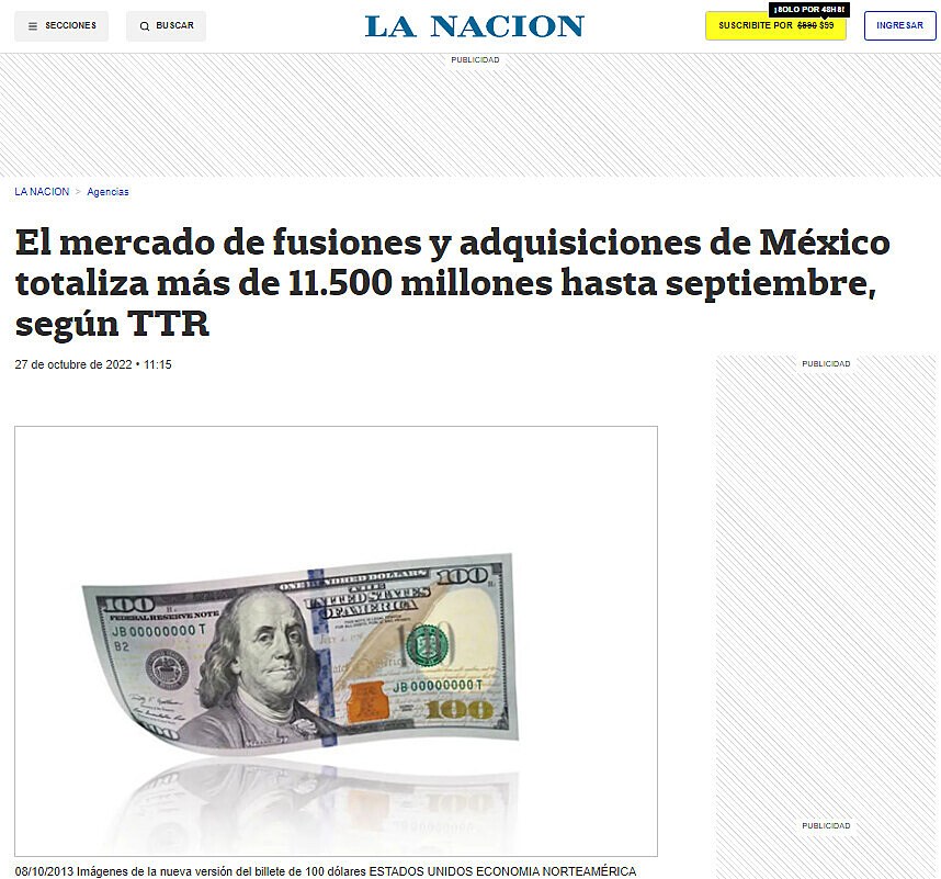 El mercado de fusiones y adquisiciones de Mxico totaliza ms de 11.500 millones hasta septiembre, segn TTR